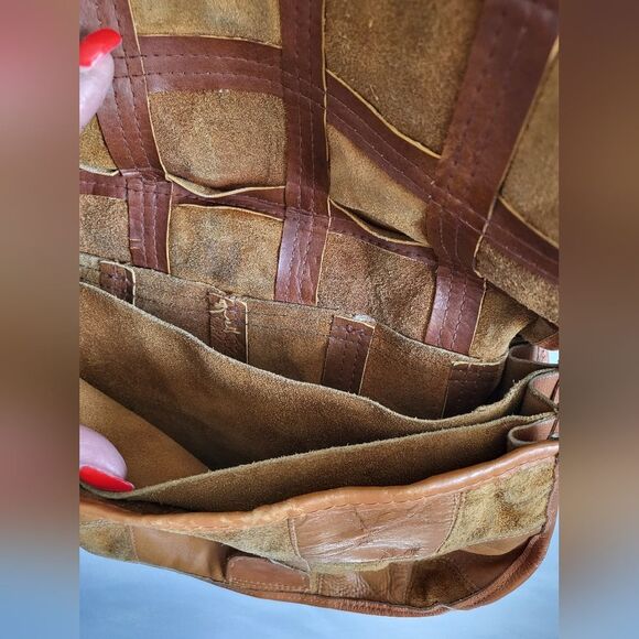 Vintage Leather Suede Patchwork Quilt Style Shoulder Bag 10 x 9 - Picture 9 of 11
